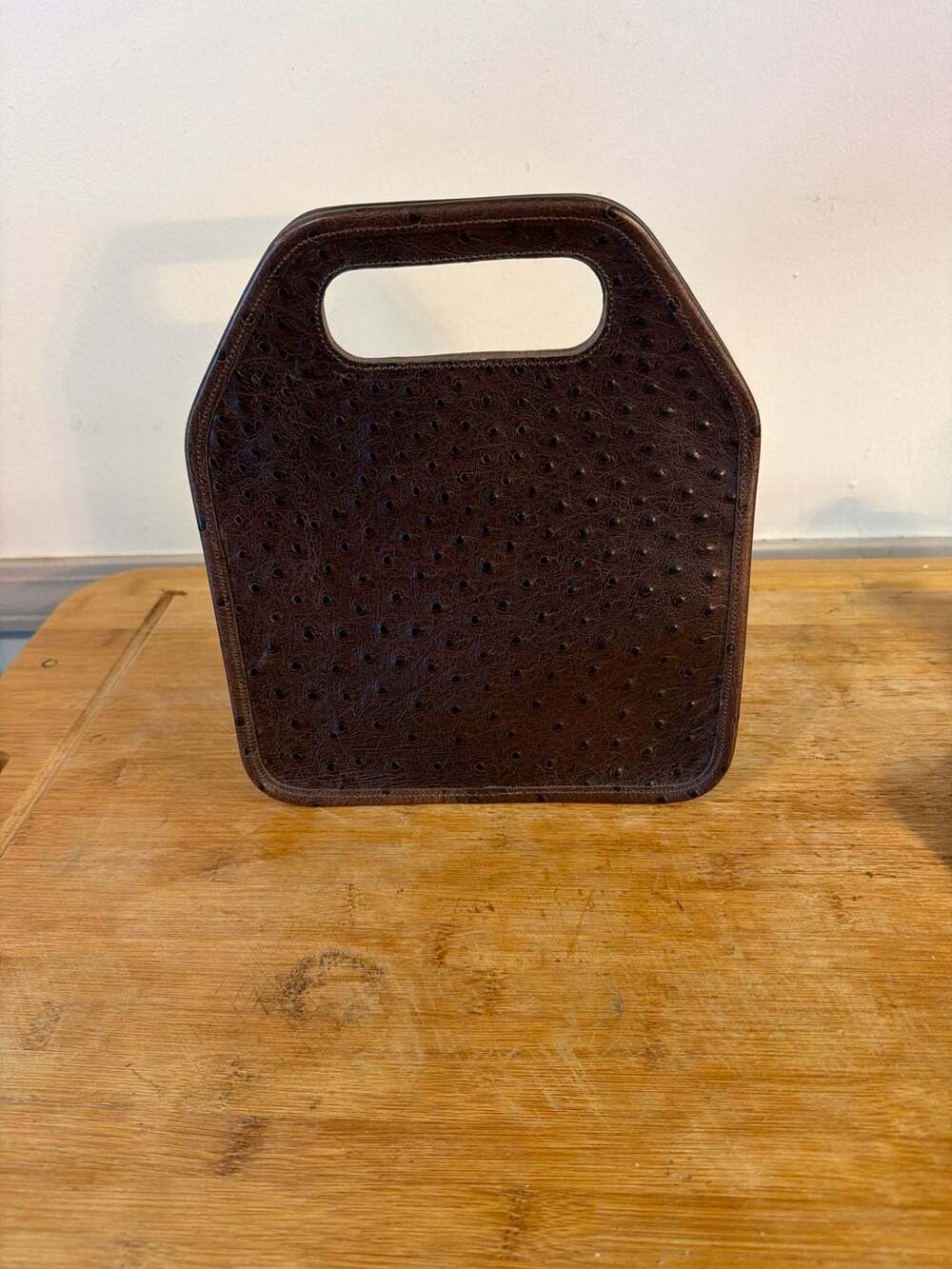 Vintage Brown Ostrich Leather Structured Top Handle Handbag